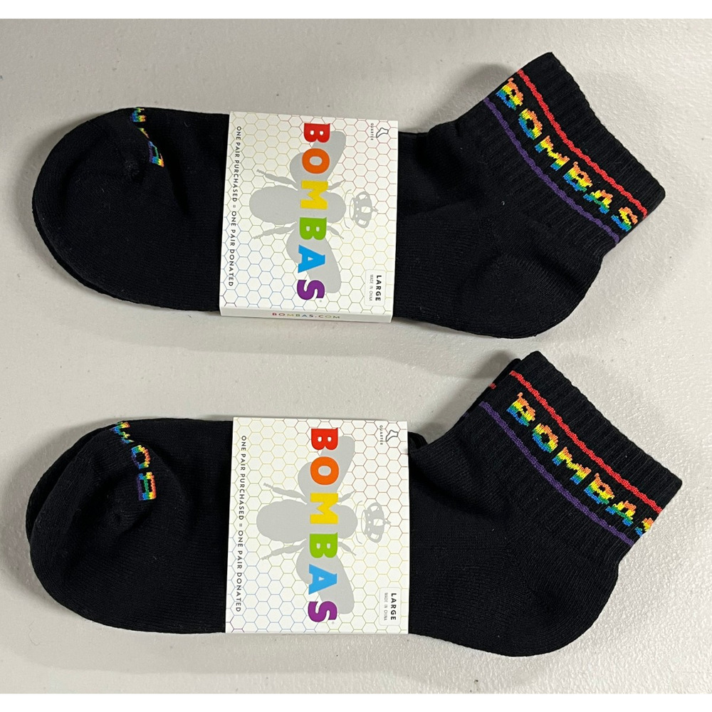 2 Pack Rainbow Bombas Bee Proud Quarter Pride Socks Black Large Unisex NWT